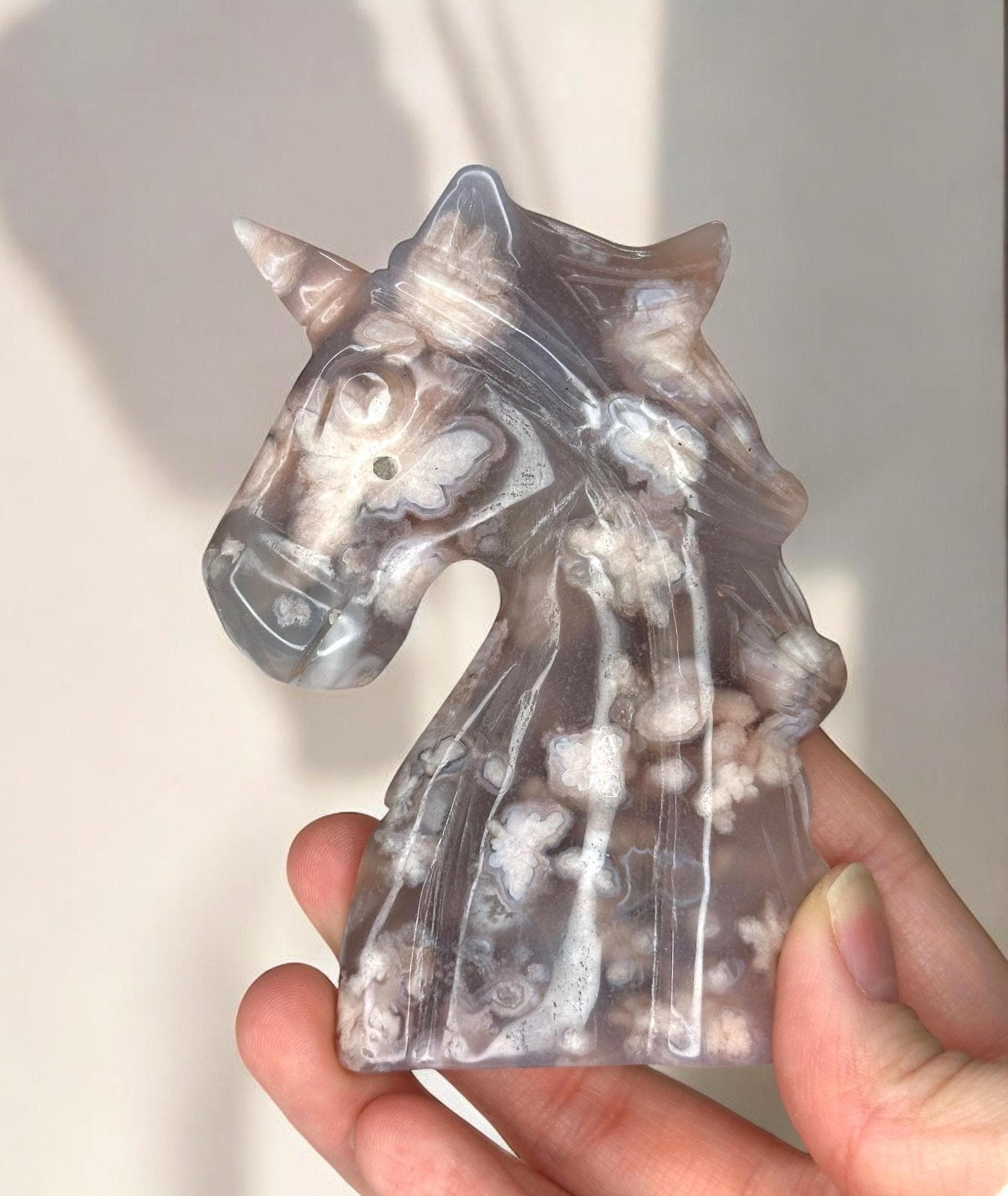 Black Flower Agate Unicorn | Carved Crystal Figurine | Unique Gemstone with Floral Patterns | Mystical Decor for Display
