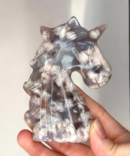 Black Flower Agate Unicorn | Carved Crystal Figurine | Unique Gemstone with Floral Patterns | Mystical Decor for Display