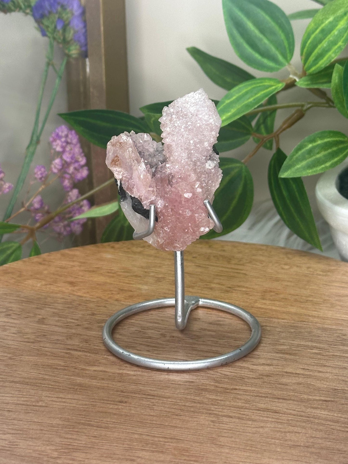 Crystallized Rose Quartz with Black Tourmaline on Stand | Natural Crystal Display | Raw Pink Quartz with Tourmaline Inclusions
