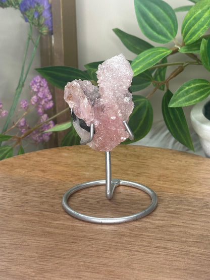 Crystallized Rose Quartz with Black Tourmaline on Stand | Natural Crystal Display | Raw Pink Quartz with Tourmaline Inclusions