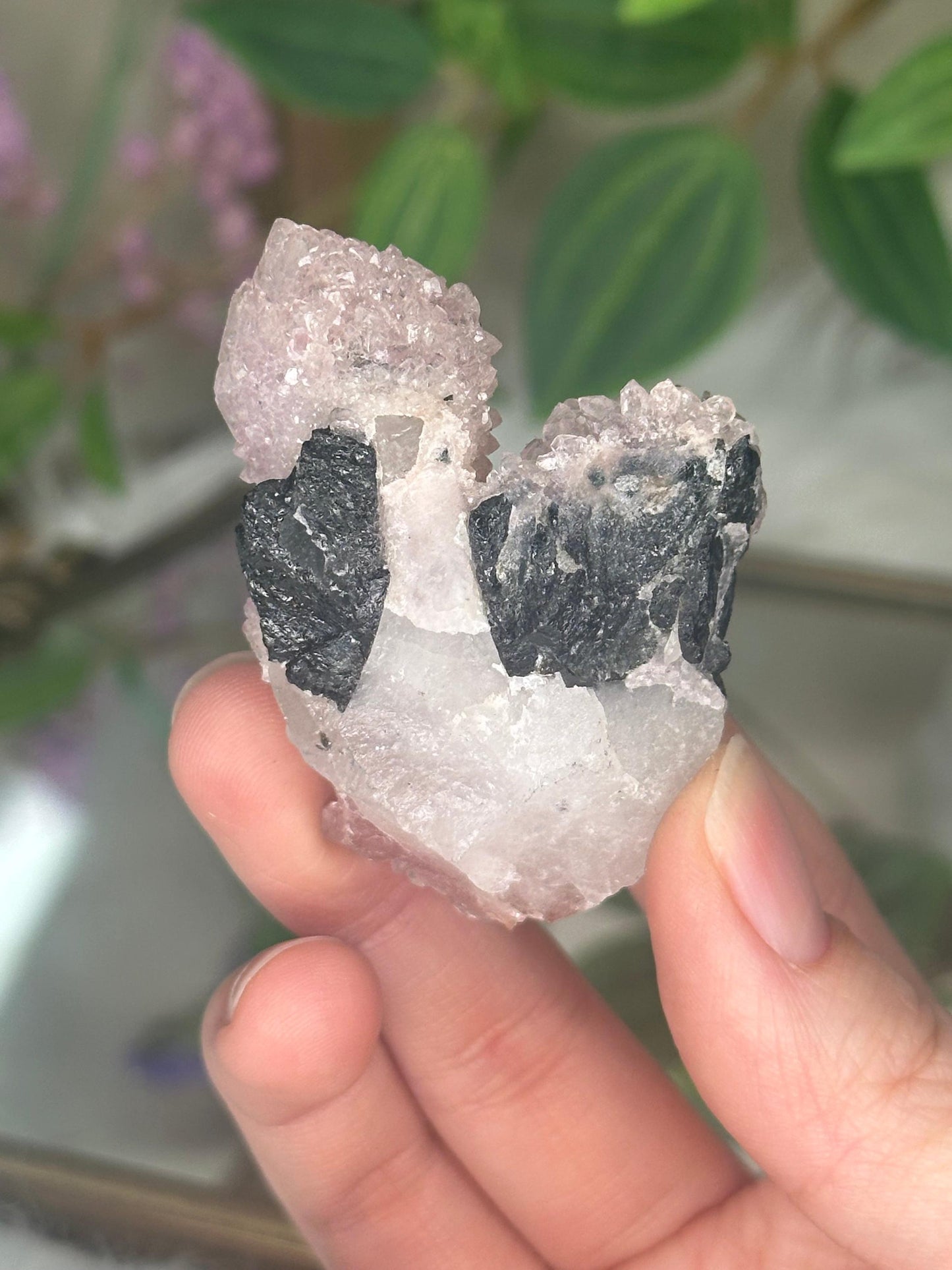 Crystallized Rose Quartz with Black Tourmaline on Stand | Natural Crystal Display | Raw Pink Quartz with Tourmaline Inclusions