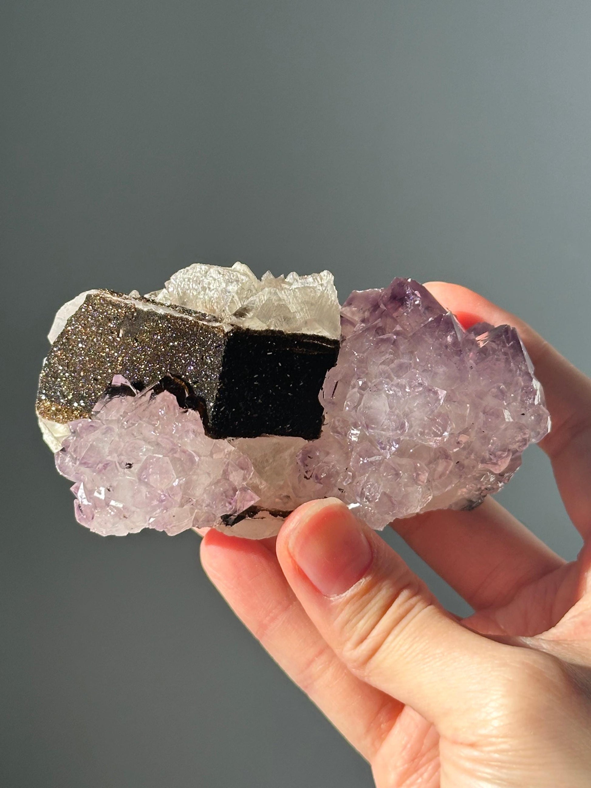 Calcite with Amethyst & Goethite | Natural Crystal Formation | Beautiful Mineral Specimen with Amethyst Inclusions | Display Piece