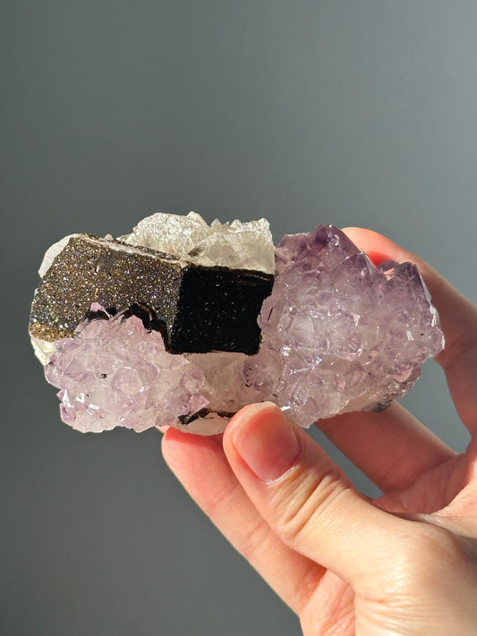 Calcite with Amethyst & Goethite | Natural Crystal Formation | Beautiful Mineral Specimen with Amethyst Inclusions | Display Piece