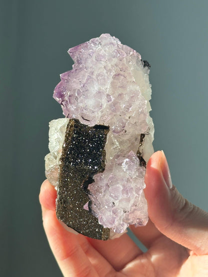 Calcite with Amethyst & Goethite | Natural Crystal Formation | Beautiful Mineral Specimen with Amethyst Inclusions | Display Piece