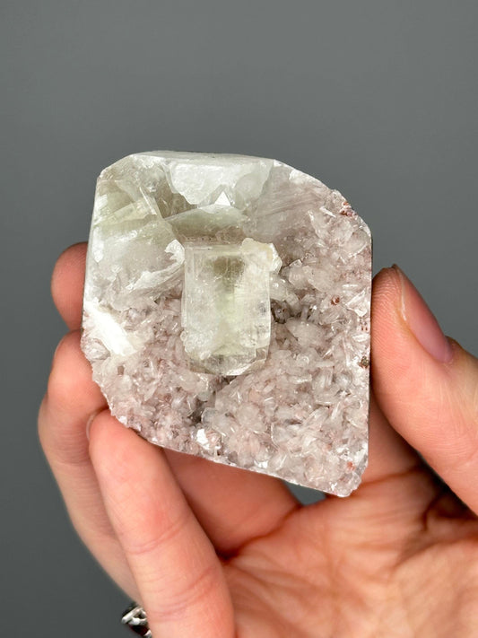Green Apophyllite on Crystallized Pink Heulandite | Natural Zeolite Cluster | Unique Mineral Formation | Crystal Specimen for Display
