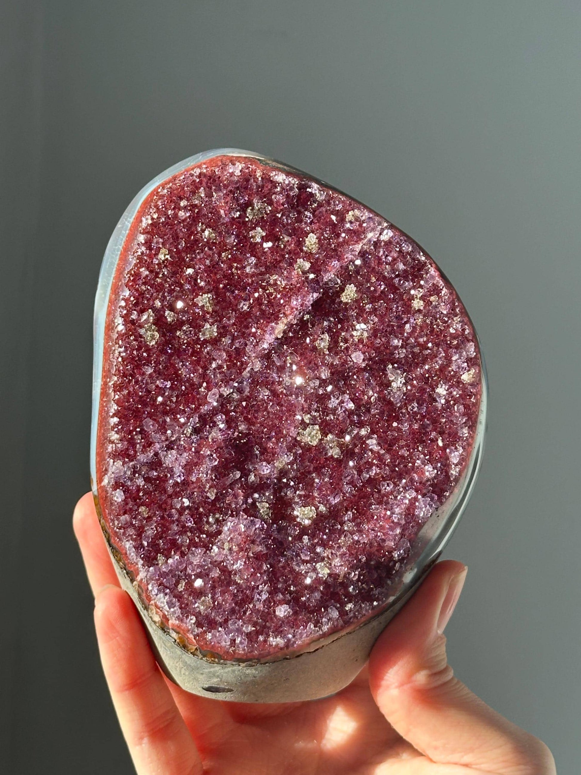 Red Amethyst Cutbase with Pyrite Inclusions | Natural Amethyst Cluster | Sparkling Gemstone with Metallic Pyrite | Unique Mineral Specimen