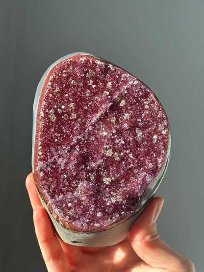 Red Amethyst Cutbase with Pyrite Inclusions | Natural Amethyst Cluster | Sparkling Gemstone with Metallic Pyrite | Unique Mineral Specimen