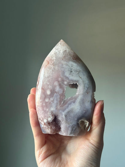 Druzy Pink Amethyst Flower Agate Flame | Natural Crystal Carving | Sparkling Druzy Amethyst with Floral Patterns | Unique Gemstone for Decor