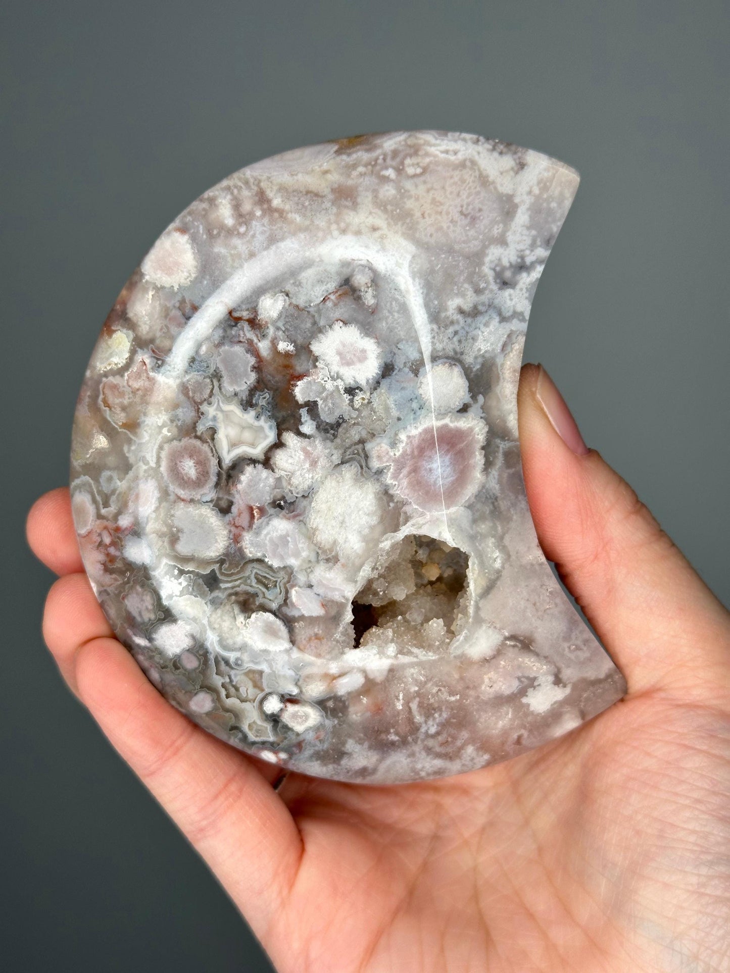 Moody Flower Agate Moon | Polished Crystal Crescent | Natural Gemstone with Soft Patterns | Unique Decor & Display Piece