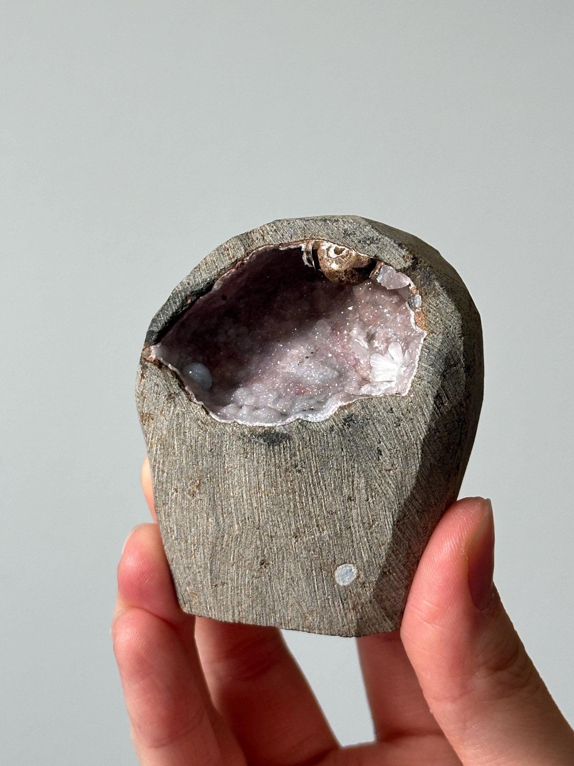 Rainbow Chalcedony Geode with Transparent Stilbite | Pink and Blue Chalcedony | Natural Crystal Geode | Unique Mineral Specimen
