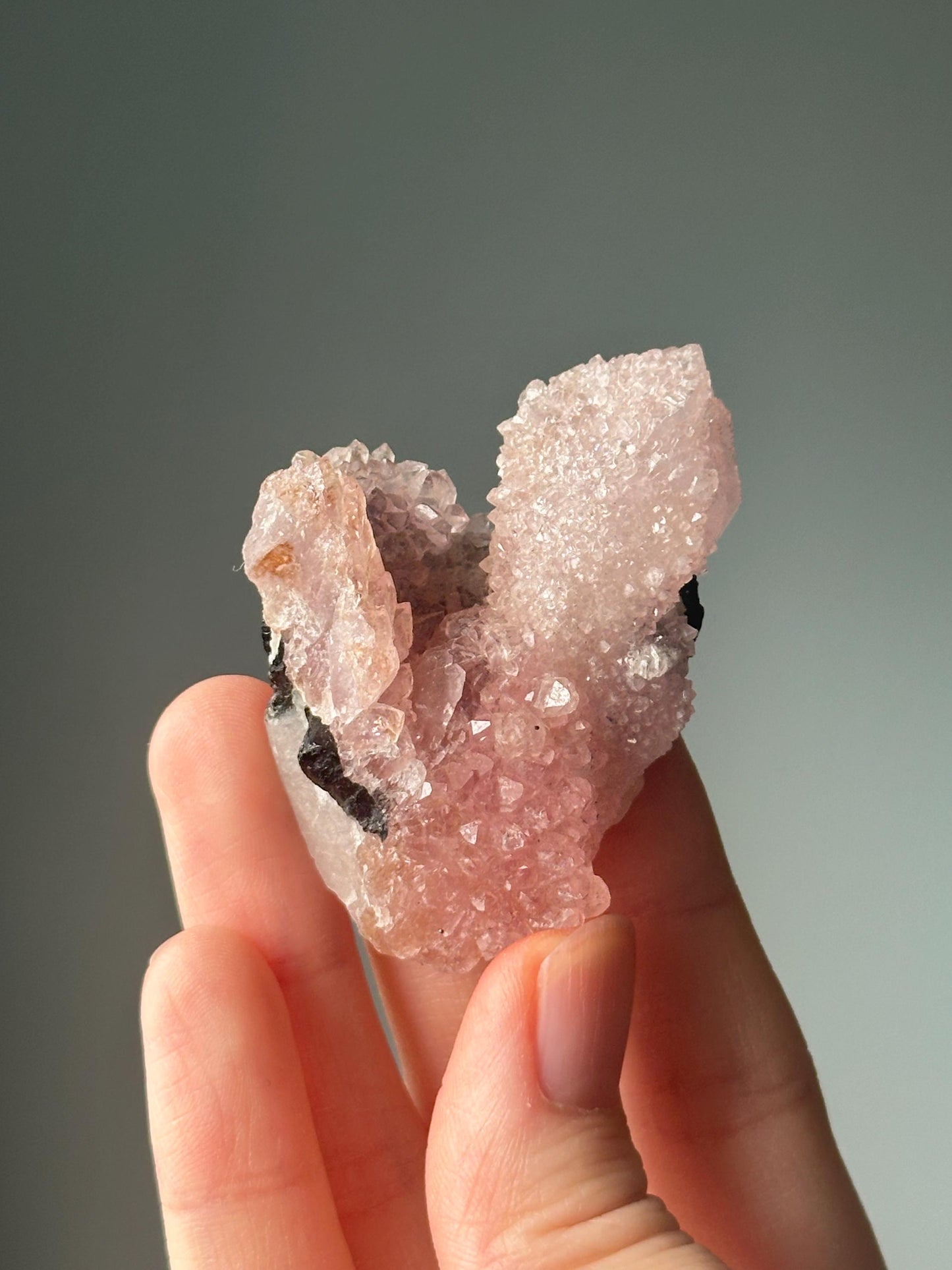 Crystallized Rose Quartz with Black Tourmaline on Stand | Natural Crystal Display | Raw Pink Quartz with Tourmaline Inclusions