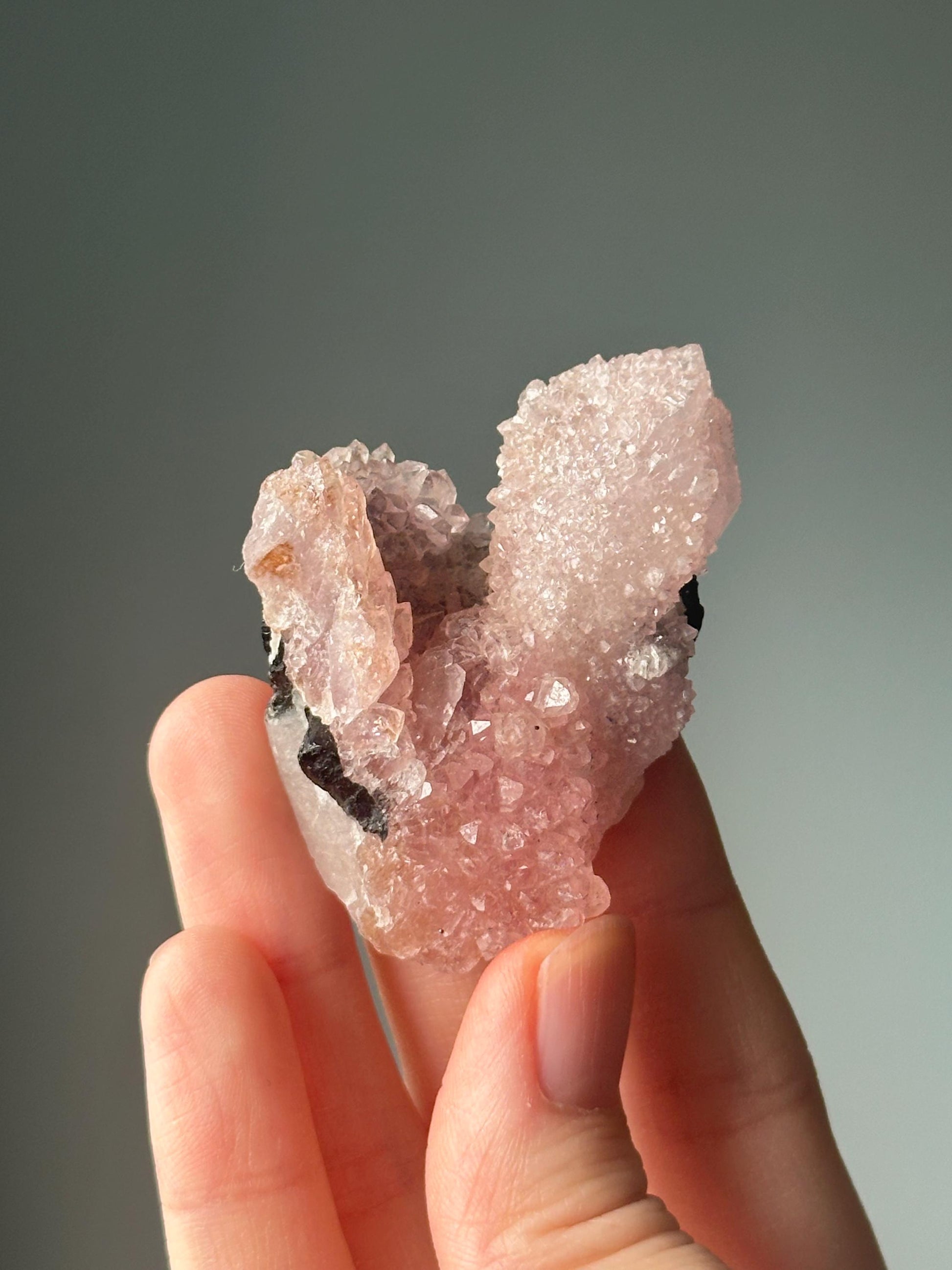 Crystallized Rose Quartz with Black Tourmaline on Stand | Natural Crystal Display | Raw Pink Quartz with Tourmaline Inclusions