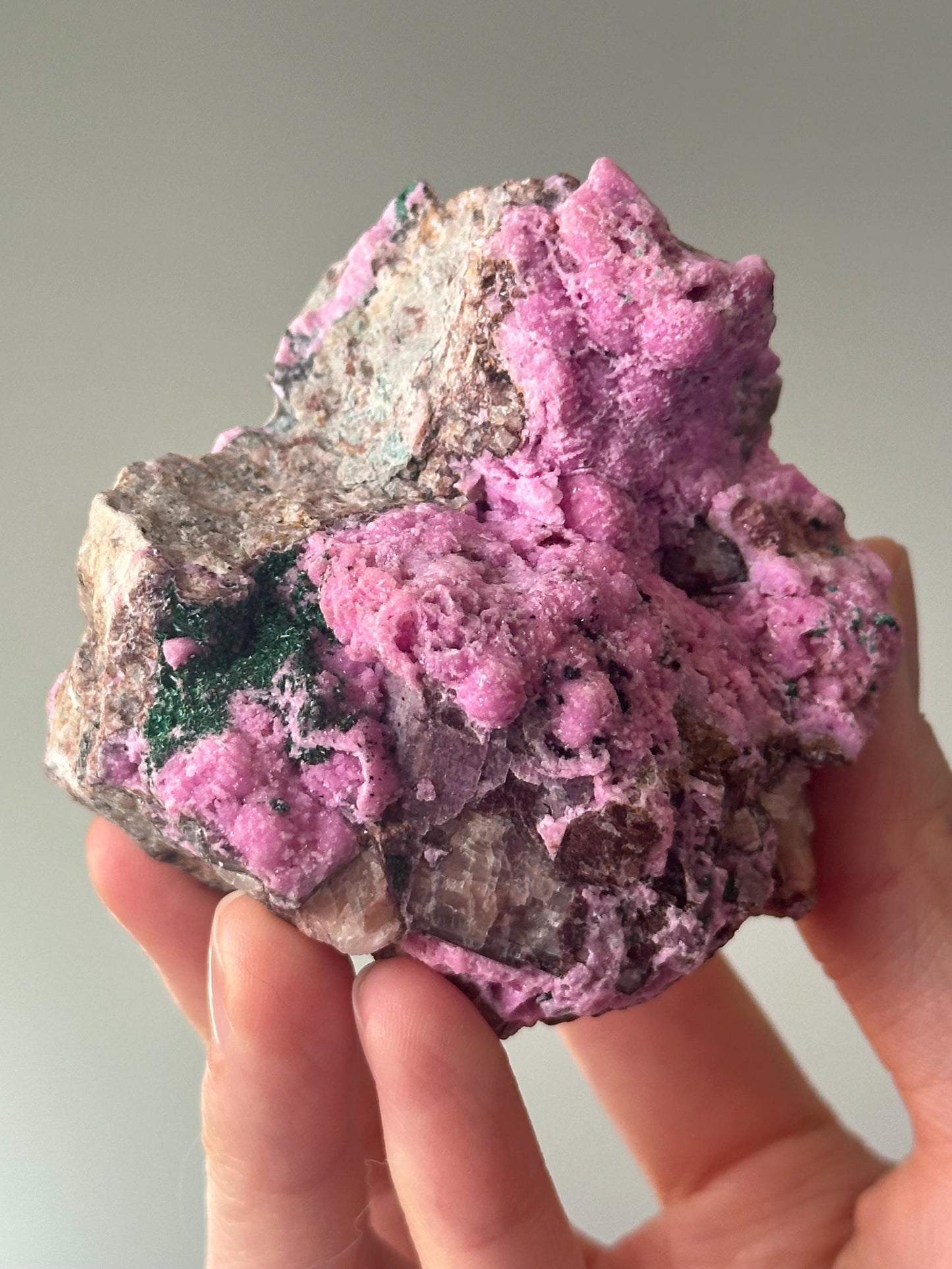 Cobaltoan Calcite with Malachite | Pink and Green Mineral Specimen | Natural Crystal Formation | Unique Raw Gemstone Display