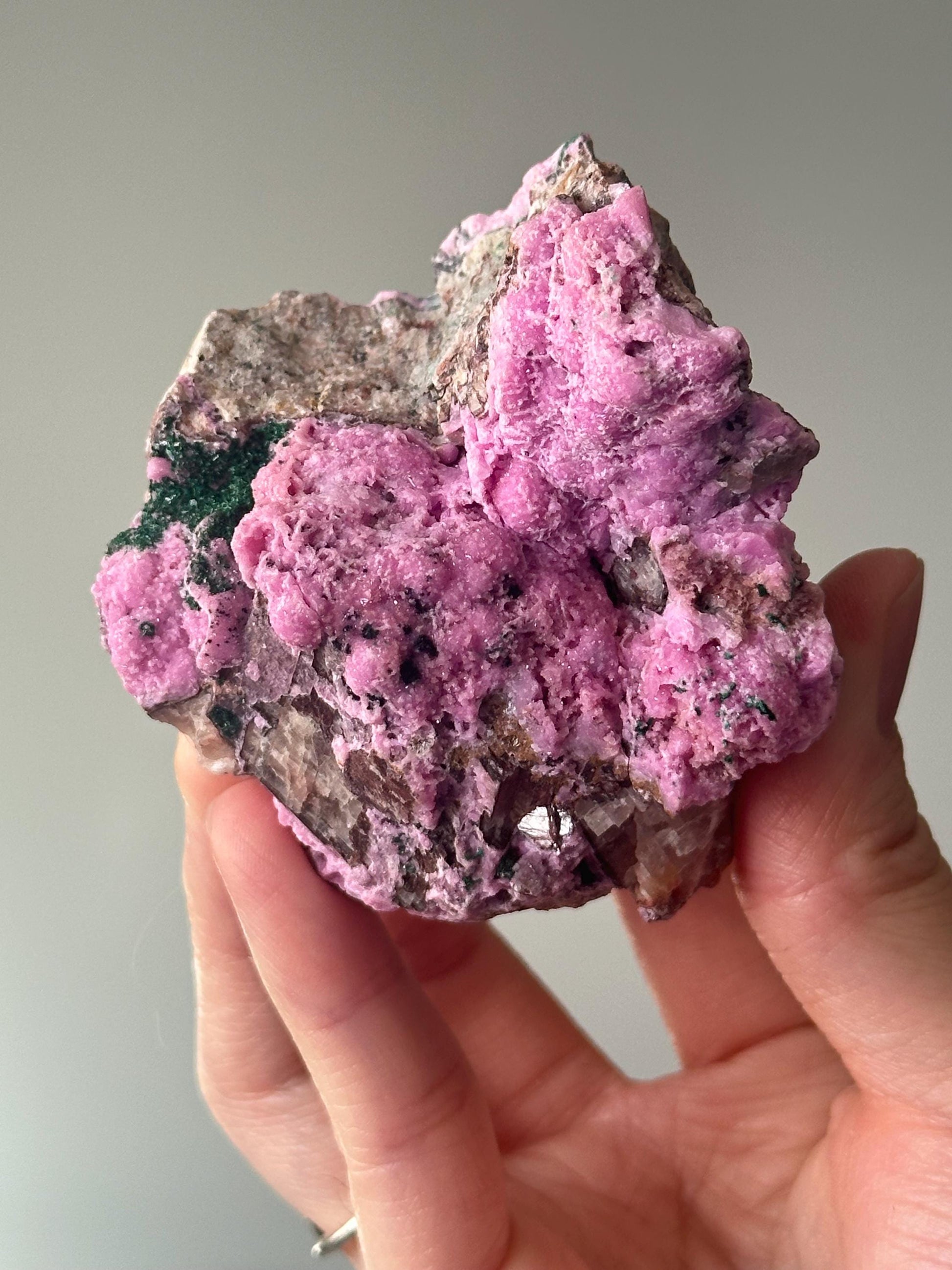Cobaltoan Calcite with Malachite | Pink and Green Mineral Specimen | Natural Crystal Formation | Unique Raw Gemstone Display