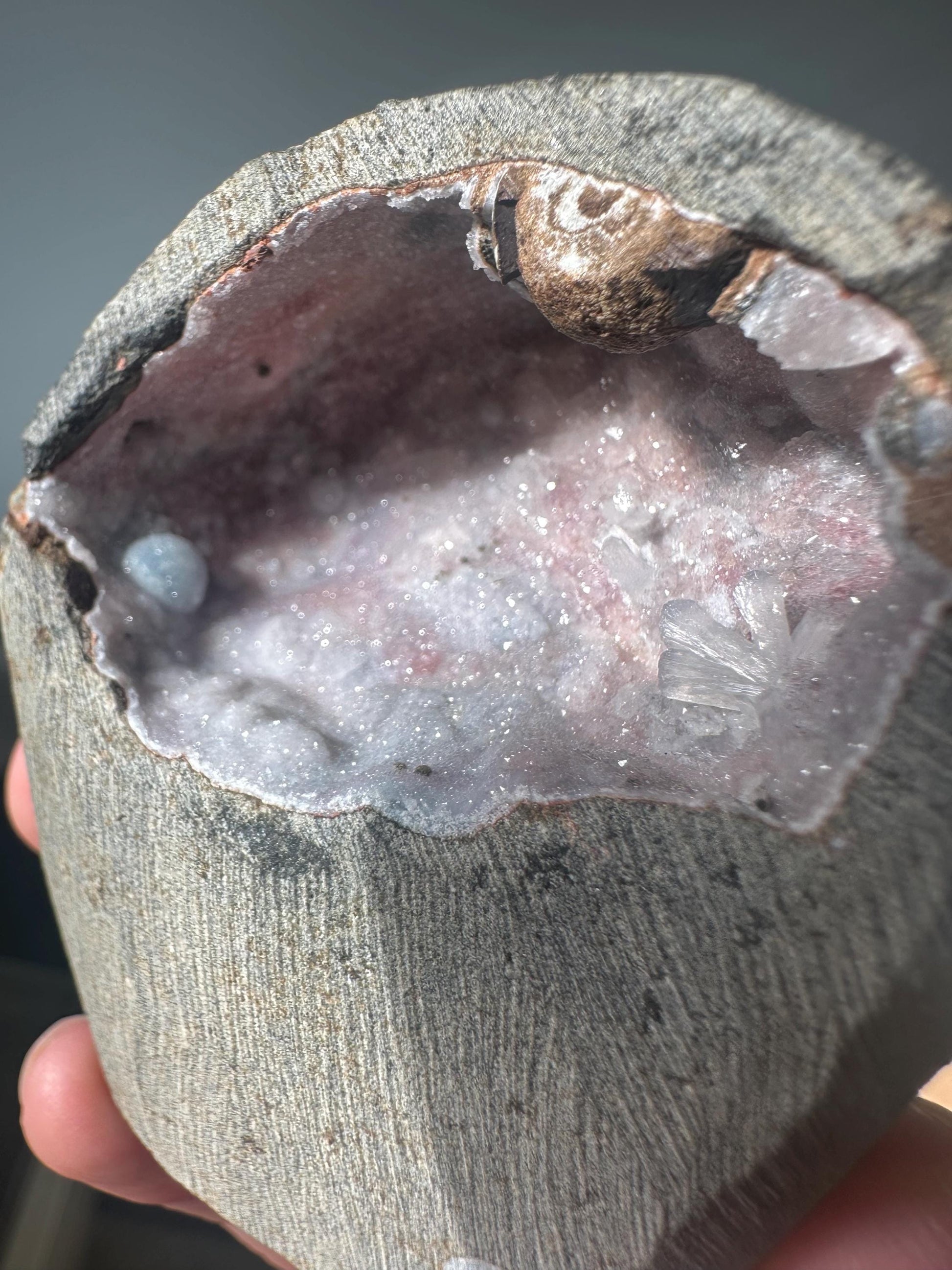 Rainbow Chalcedony Geode with Transparent Stilbite | Pink and Blue Chalcedony | Natural Crystal Geode | Unique Mineral Specimen