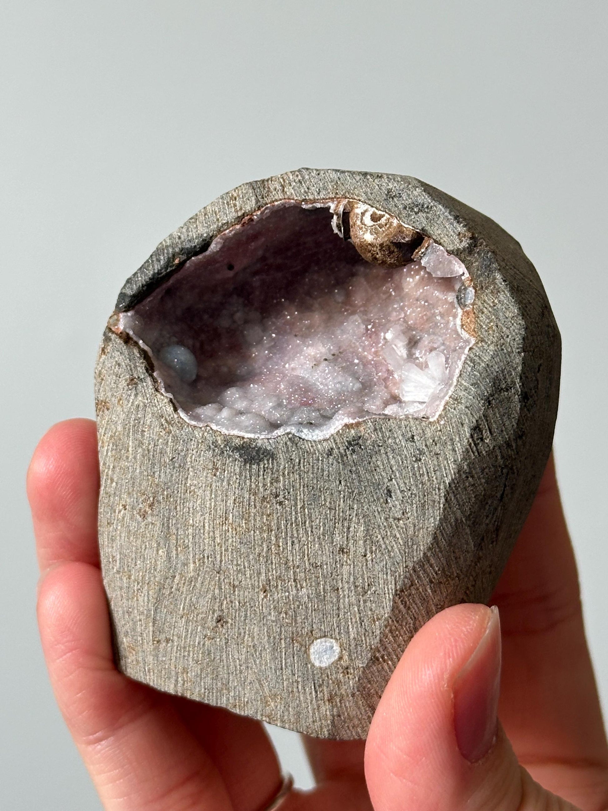 Rainbow Chalcedony Geode with Transparent Stilbite | Pink and Blue Chalcedony | Natural Crystal Geode | Unique Mineral Specimen