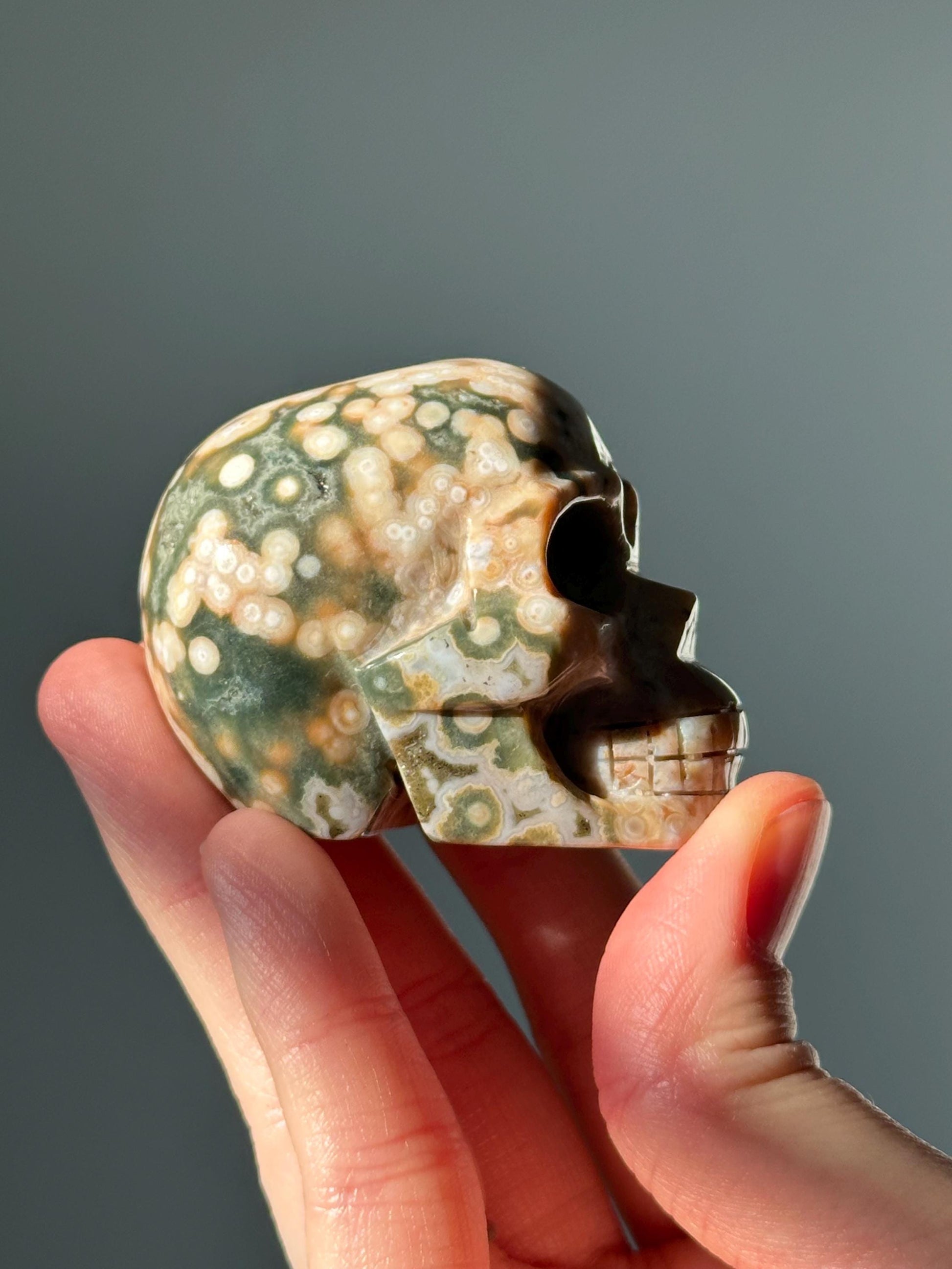 Ocean Jasper Crystal Skull | Orbicular Jasper Carving from Madagascar | Calming Decorative Stone | Unique Patterned Healing Crystal
