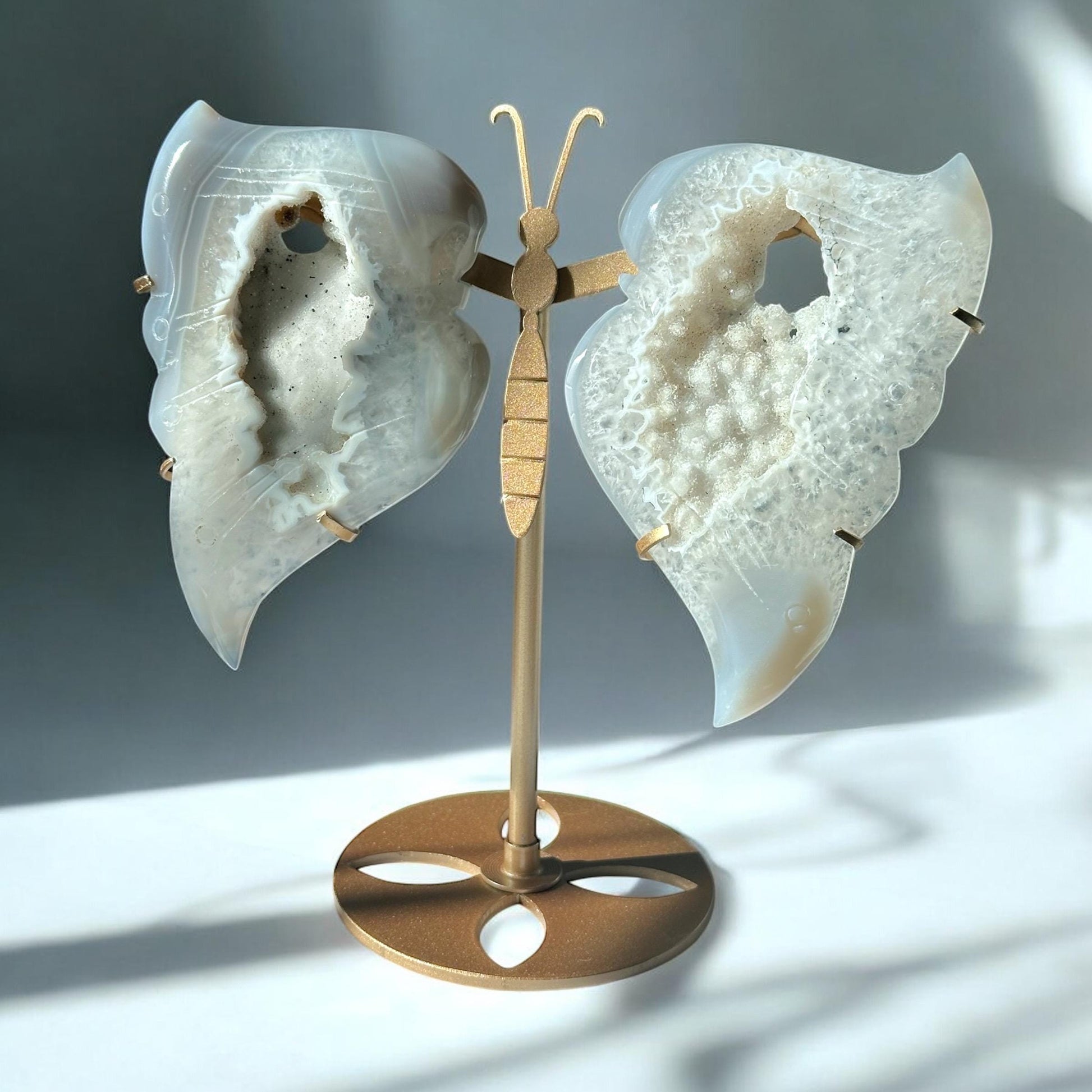Druzy Agate Butterfly on Stand | Sparkling Crystal Decor | Carved Gemstone Display | Stone for Home or Office Energy