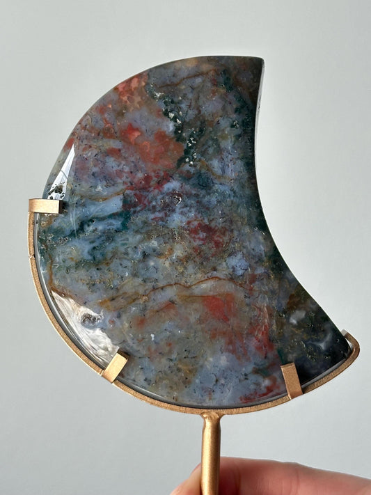Colorful Moss Agate Rainbow Moon on Stand | Crystal Crescent for Balance and Grounding | Nature-Inspired Decor | Gemstone Display