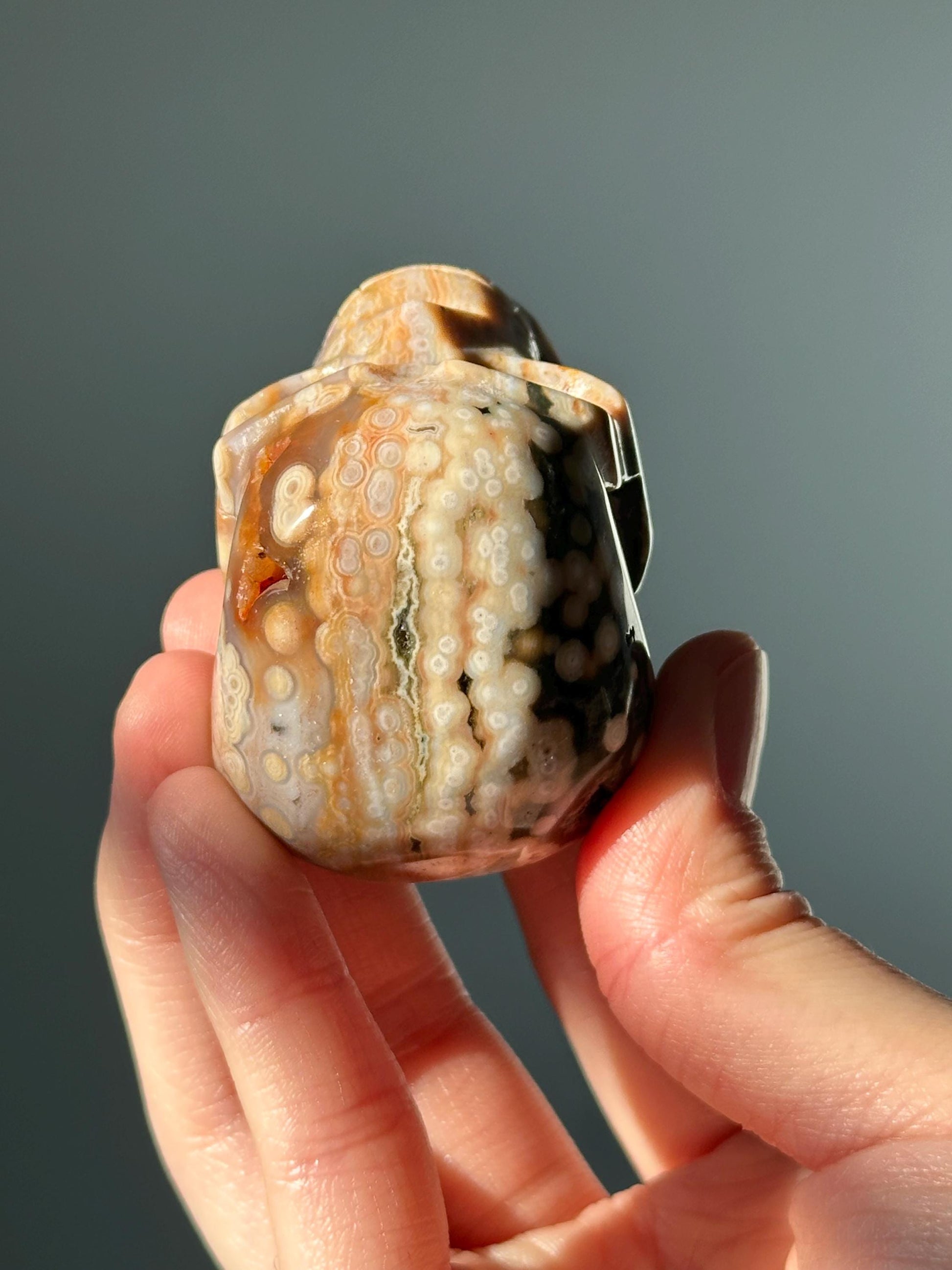 Ocean Jasper Crystal Skull | Orbicular Jasper Carving from Madagascar | Calming Decorative Stone | Unique Patterned Healing Crystal