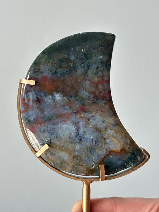 Colorful Moss Agate Rainbow Moon on Stand | Crystal Crescent for Balance and Grounding | Nature-Inspired Decor | Gemstone Display