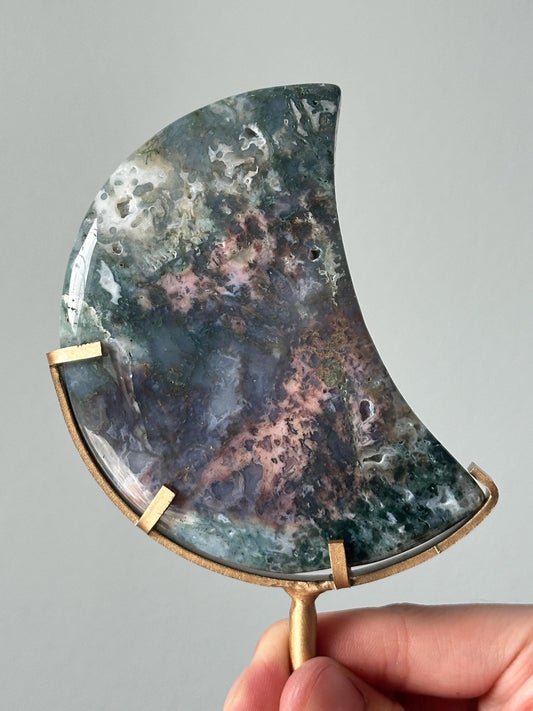 Colorful Moss Agate Rainbow Moon on Stand | Crystal Crescent for Balance and Grounding | Nature-Inspired Decor | Healing Gemstone Display