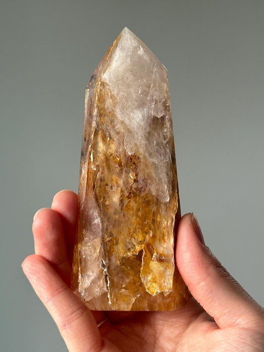 Quartz and Golden Healer Tower w/Pyrite and Hematite | Crystal Point for Confidence, Protection & Grounding | Home Decor