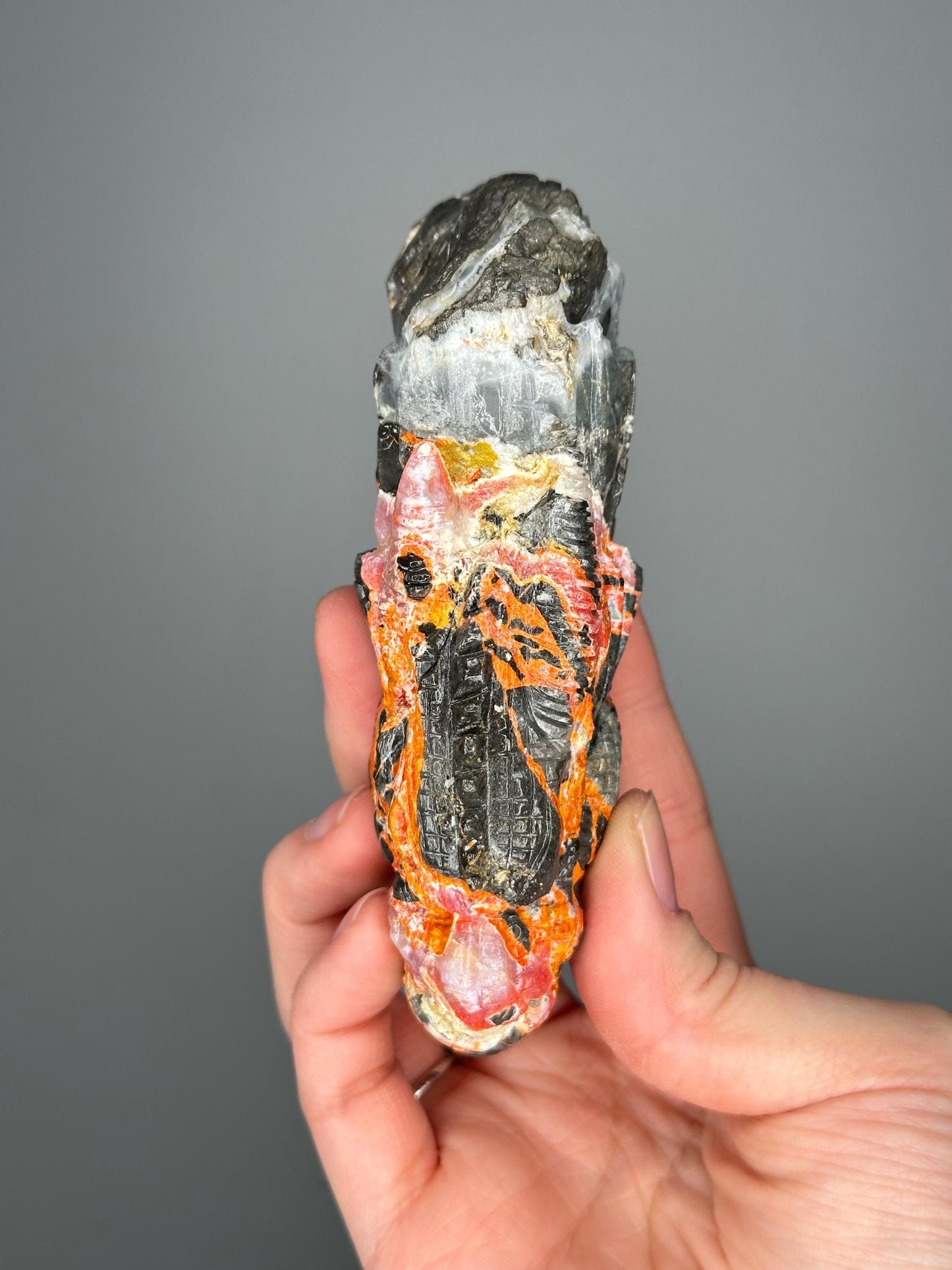 Master Carved Magma Chalcedony Dragon | Fiery Swirls & Smoky Depths | Bold Crystal Statement for Display or Collector Shelf