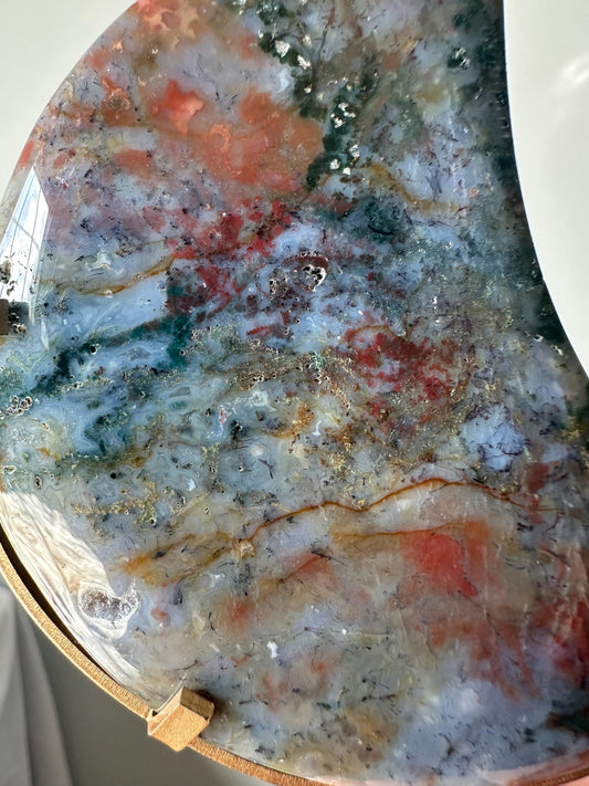 Colorful Moss Agate Rainbow Moon on Stand | Crystal Crescent for Balance and Grounding | Nature-Inspired Decor | Gemstone Display