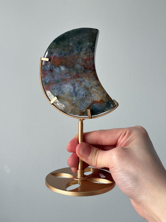 Colorful Moss Agate Rainbow Moon on Stand | Crystal Crescent for Balance and Grounding | Nature-Inspired Decor | Gemstone Display
