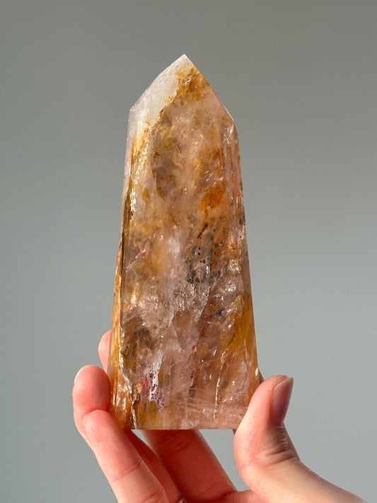 Quartz and Golden Healer Tower w/Pyrite and Hematite | Crystal Point for Confidence, Protection & Grounding | Home Decor