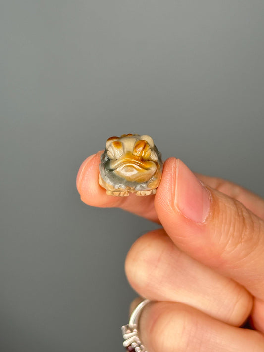 Mini Lucky Toad Carving in Alashan Agate with Flowers