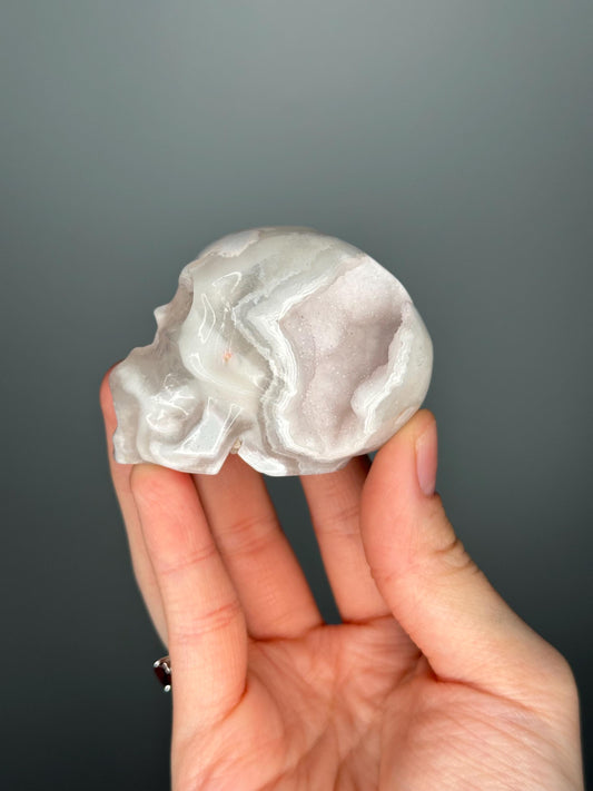Druzy Flower Agate Skull | Crystal for Growth, Self-Confidence, and New Beginnings | Sparkling Stone | Unique Crystal Decor