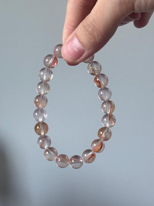 HQ Fire Quartz & Star Rose Quartz Bracelet –Natural Gemstone Jewelry, Polished Crystal Beads, Love and Energy Gift, Elegant Healing Bracelet