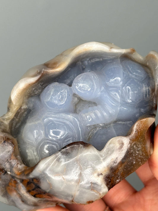 Blue Chalcedony Turtles w/Egg | Kissing Turtle Crystal Carving for Love, Peace & Family Energy | Hand-Carved Gemstone Figurine Decor or Gift