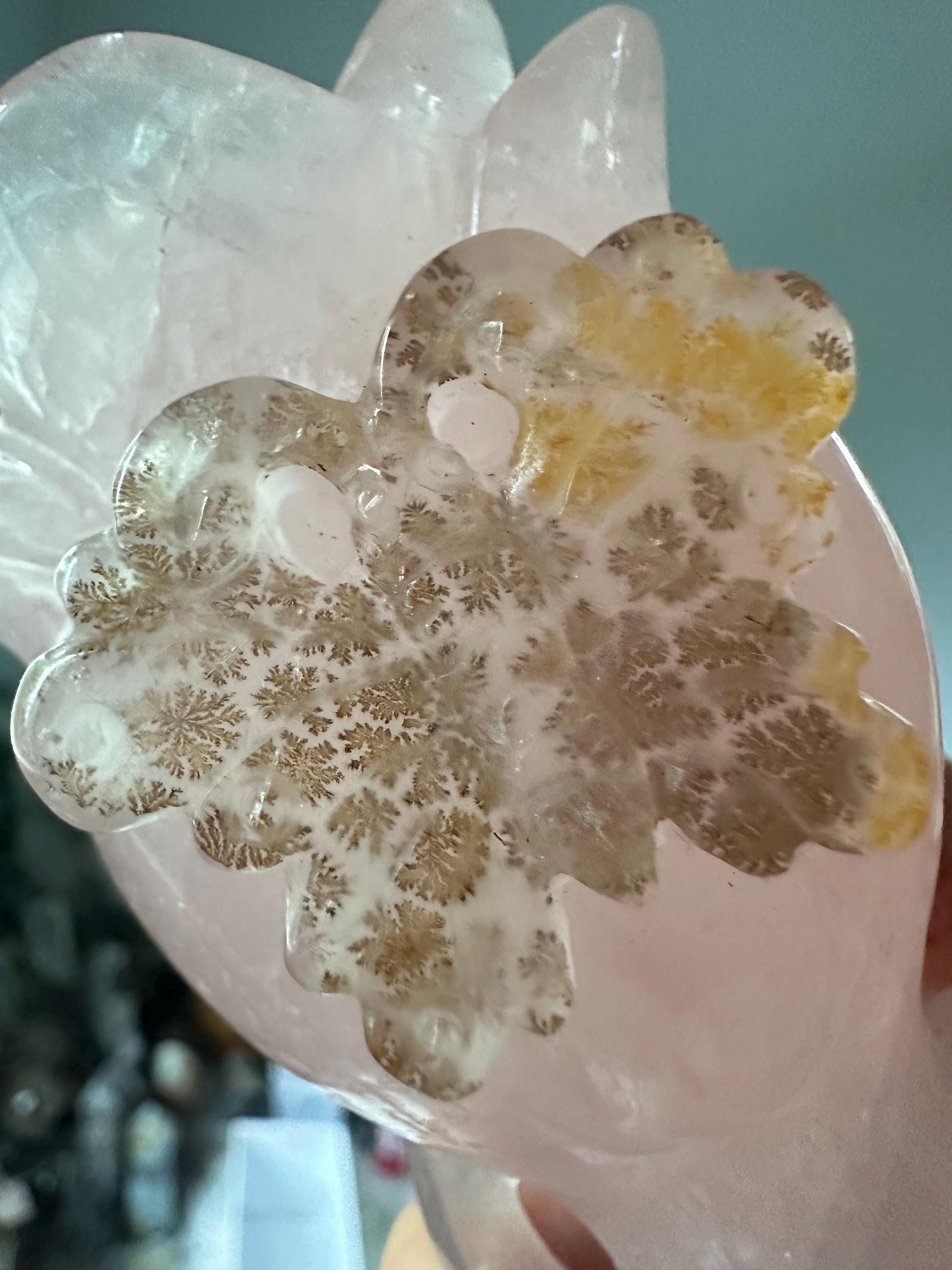 Rose Quartz Rose with Carved Dendritic Butterfly on Custom Stand | Crystal for Love, Growth & Transformation | Elegant Gem Decor