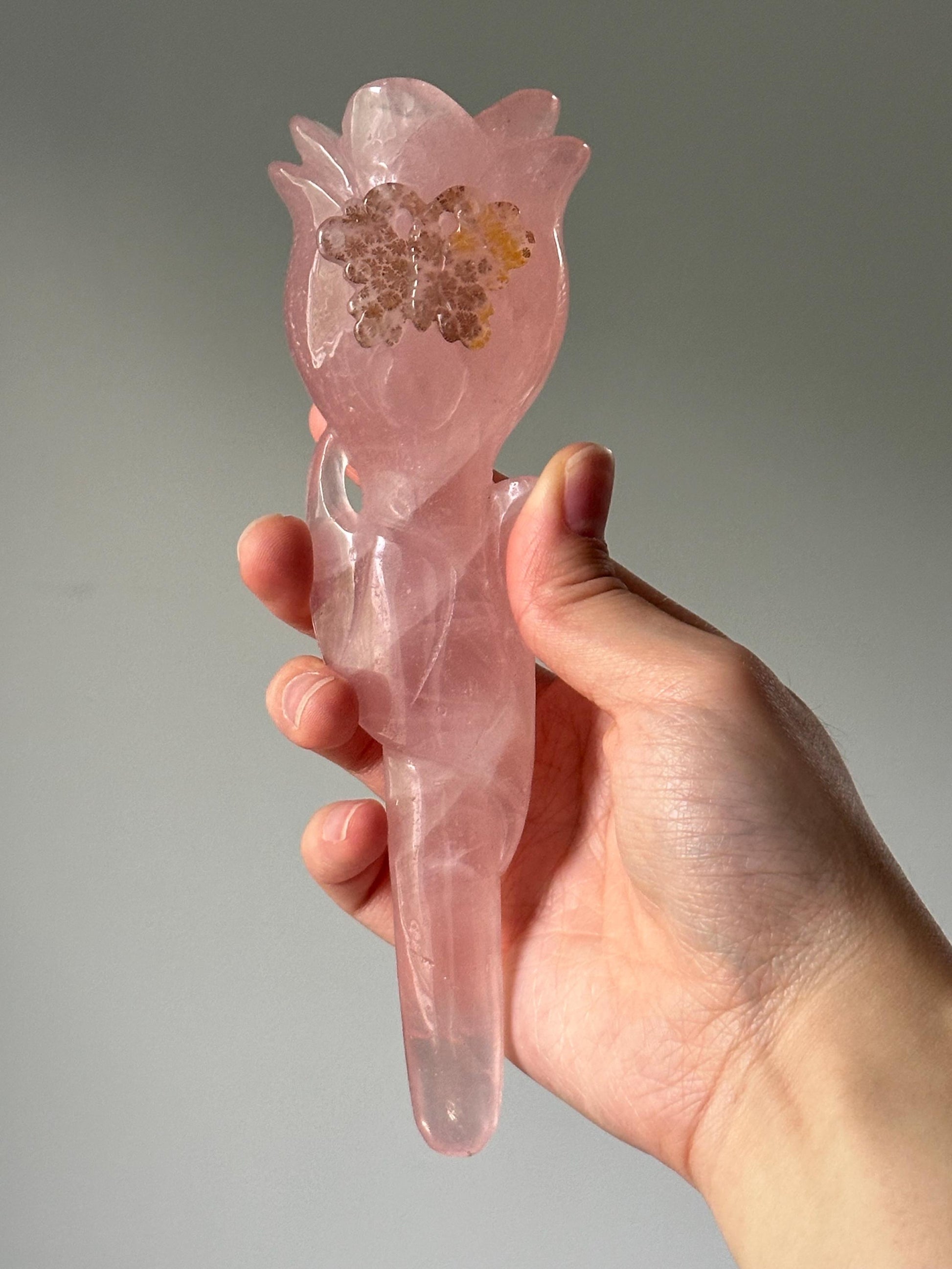 Rose Quartz Rose with Carved Dendritic Butterfly on Custom Stand | Crystal for Love, Growth & Transformation | Elegant Gem Decor