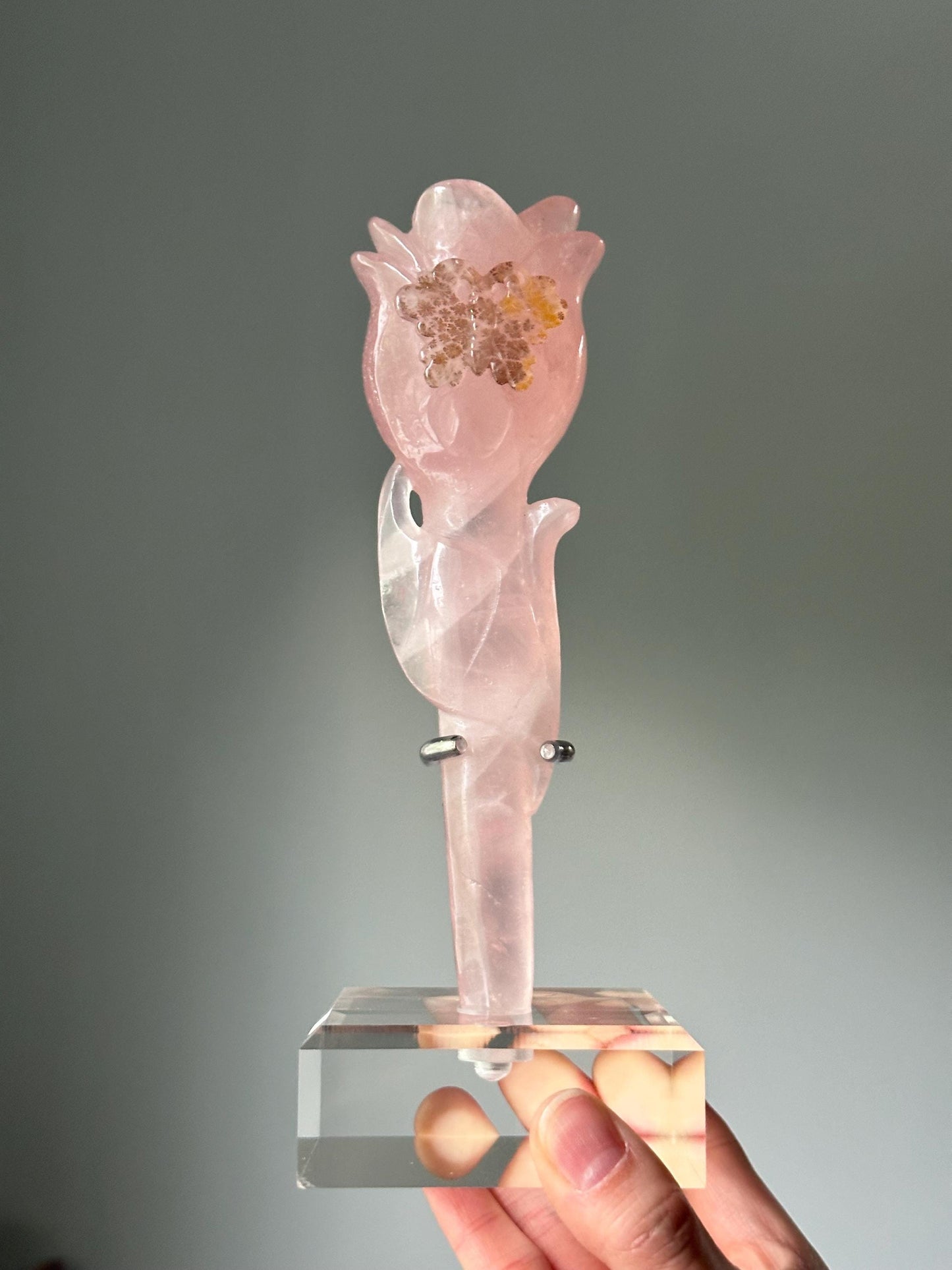 Rose Quartz Rose with Carved Dendritic Butterfly on Custom Stand | Crystal for Love, Growth & Transformation | Elegant Gem Decor