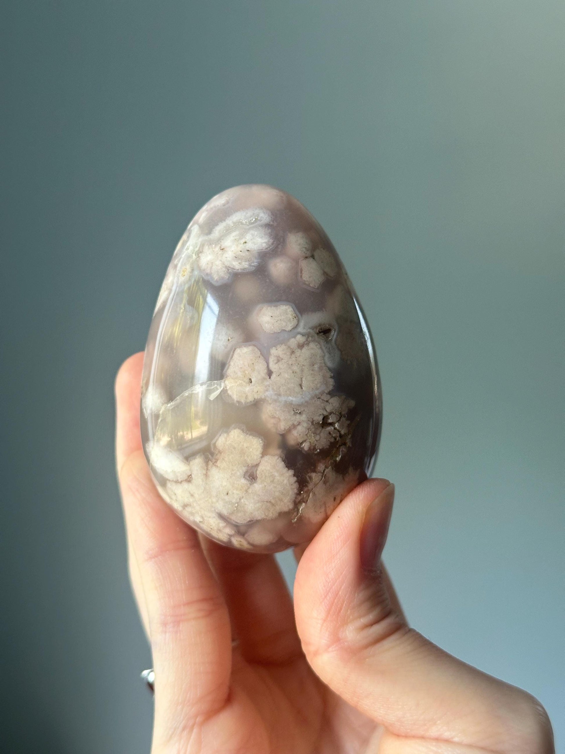 Black Flower Agate Egg | Grounding Crystal with Feminine Energy & Floral Patterns | Polished Gemstone and Display
