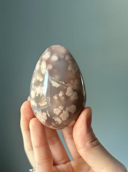 Black Flower Agate Egg | Grounding Crystal with Feminine Energy & Floral Patterns | Polished Gemstone and Display
