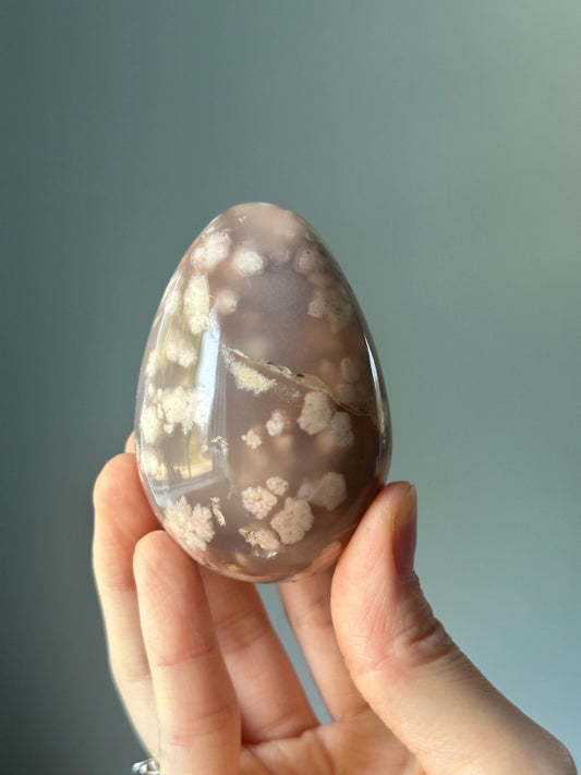 Black Flower Agate Egg | Grounding Crystal with Feminine Energy & Floral Patterns | Polished Gemstone and Display
