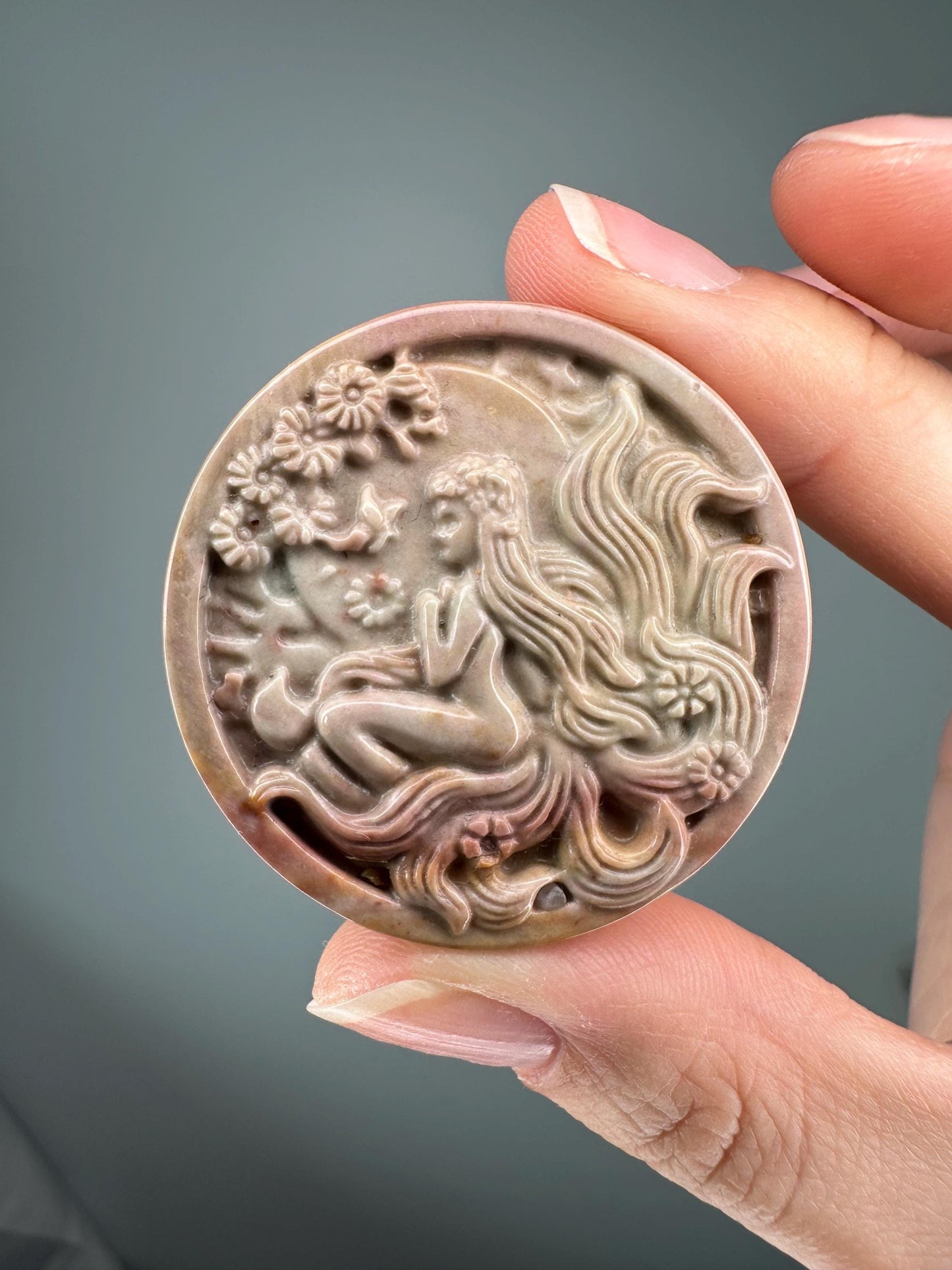 Alashan Agate Spring Goddess Medallion | Feminine Crystal Carving for Renewal, Growth & Beauty | Gemstone Art for Gift or Altar