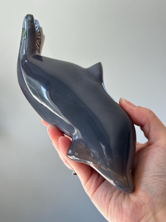 Druzy Agate Dolphin Carving | Sparkling Crystal for Emotional Balance & Joy | Polished Gemstone Animal for Gift or Display