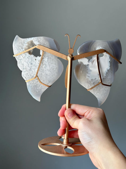 Druzy Agate Butterfly on Stand | Sparkling Crystal Decor | Carved Gemstone Display | Stone for Home or Office Energy