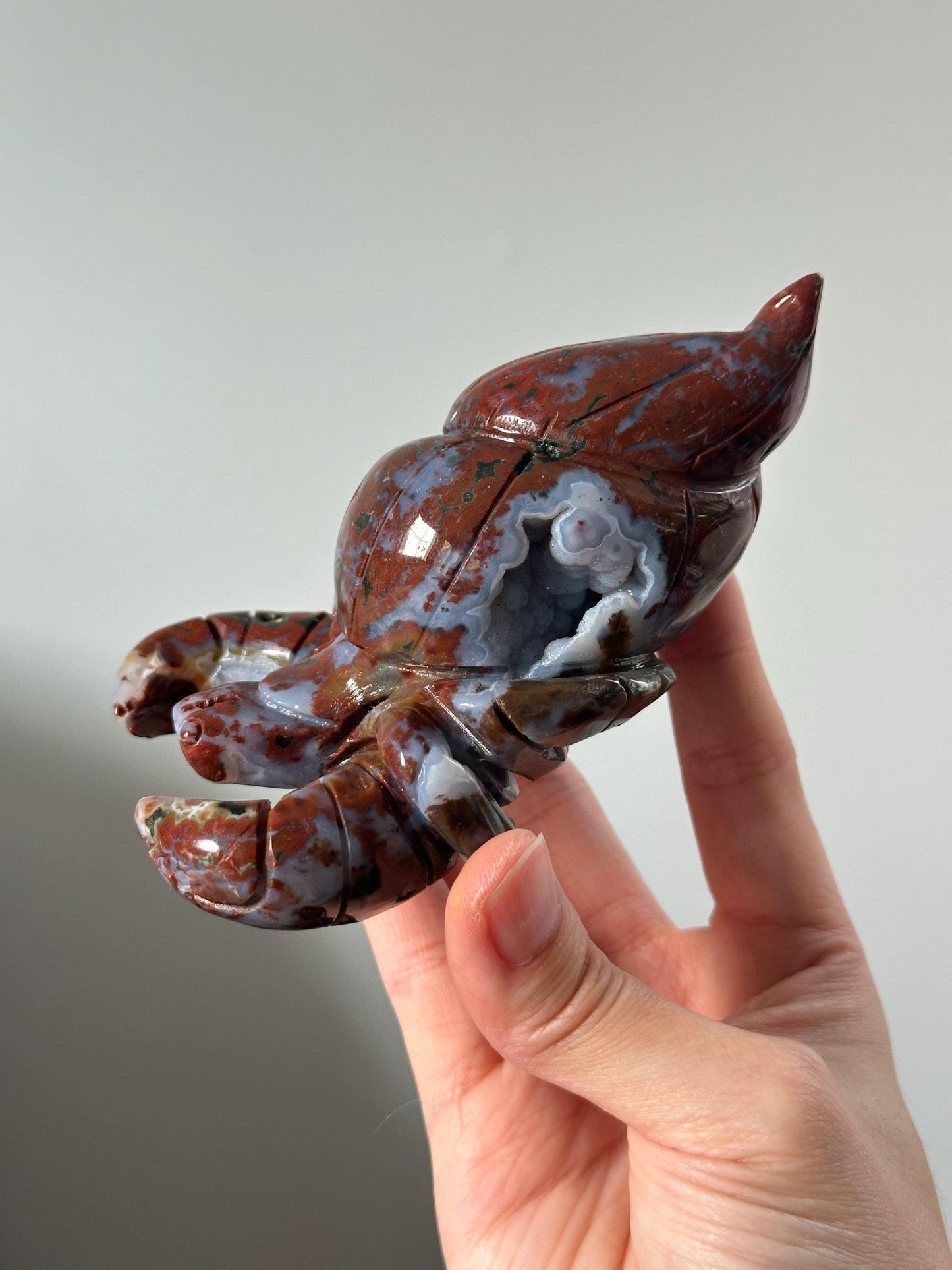 Ocean Jasper Hermit Crab with Blue Druzy – Carved Crystal Sea Animal, Gemstone Crab Figurine, Unique Ocean Decor, Coastal Collector Gift