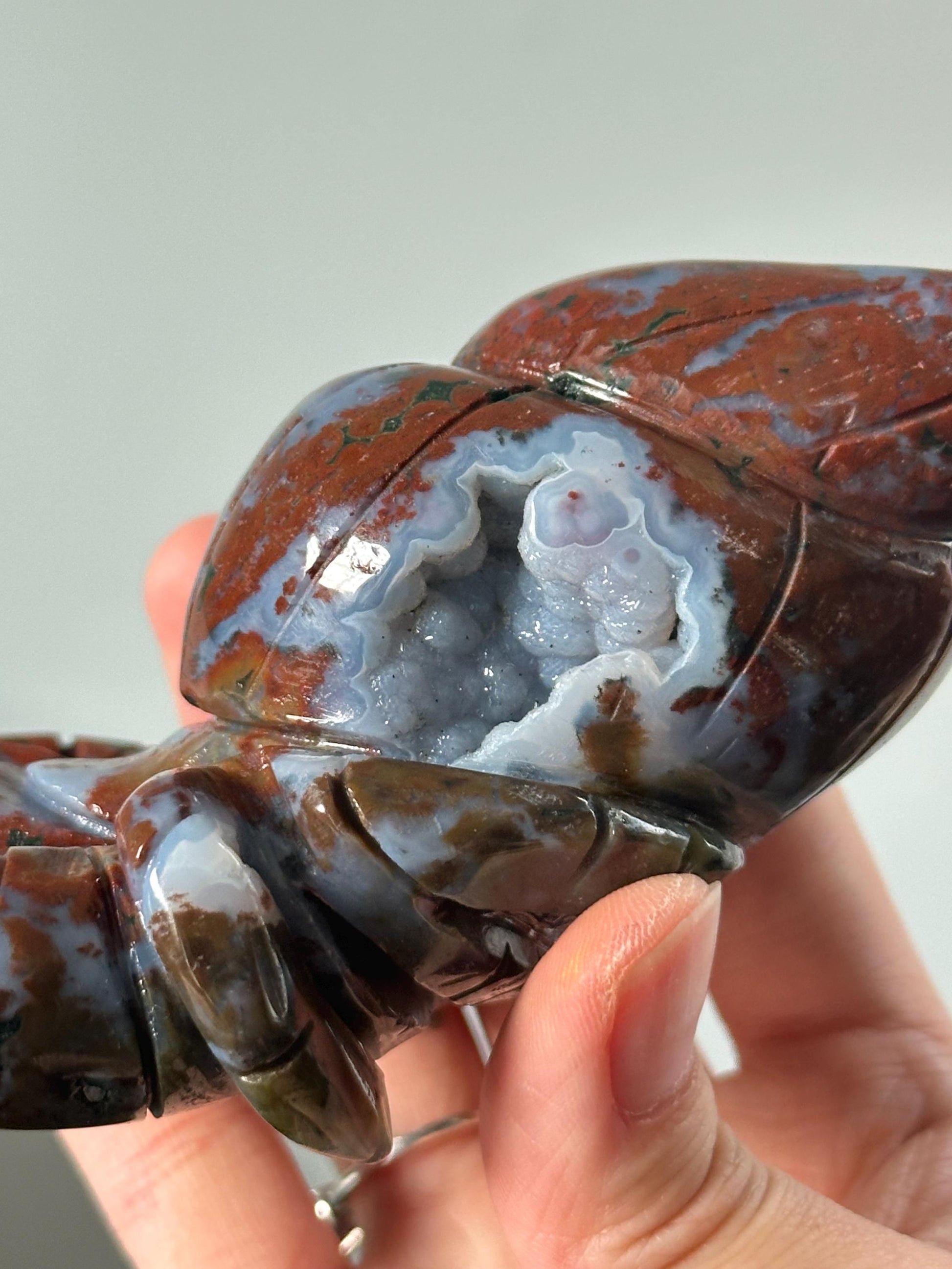 Ocean Jasper Hermit Crab with Blue Druzy – Carved Crystal Sea Animal, Gemstone Crab Figurine, Unique Ocean Decor, Coastal Collector Gift