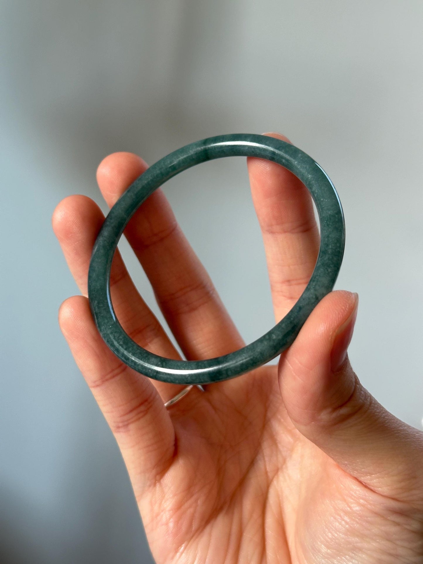 Slim Round Blue Water Jade Bangle – 58mm Natural Jade Bracelet, Polished Crystal Jewelry, Minimalist Gemstone Bangle, Calming Gift