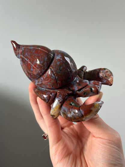 Ocean Jasper Hermit Crab with Blue Druzy – Carved Crystal Sea Animal, Gemstone Crab Figurine, Unique Ocean Decor, Coastal Collector Gift