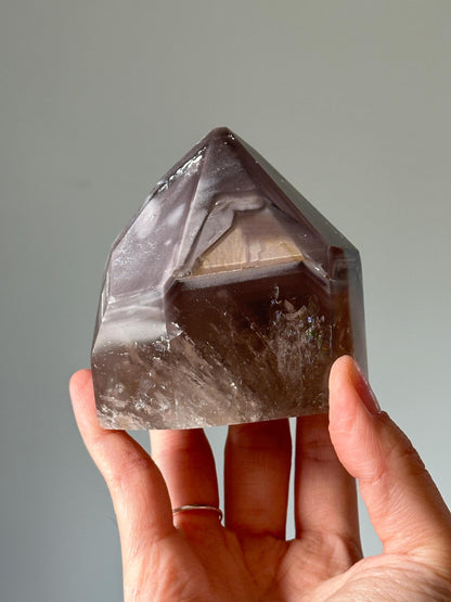 Pink Lithium & Smoky Quartz Tower – Polished Crystal Point, Natural Calming and Grounding Stone, Unique Spiritual Decor
