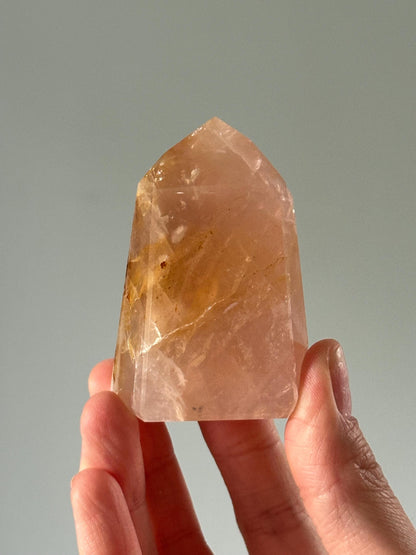 Rose Quartz With Pyrite and Golden Healer Tower – Polished Crystal Point, Natural Pink Gemstone for Love, Clarity, and Energy Decor